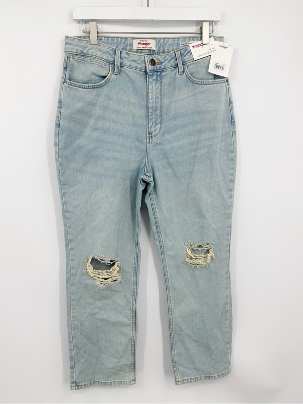 Wrangler High Rise Rodeo Straight Cropped Light Denim Distressed Jeans Size 10